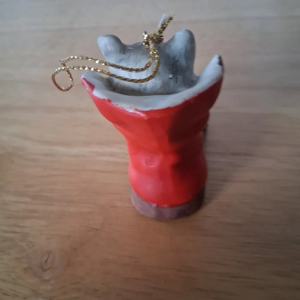 Gray Cat In Red Boot Christmas Ornament